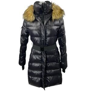 S13 Chalet Women's Black Faux Fur Belted Zip Up Hooded Down Puffer Coat Jacket S
